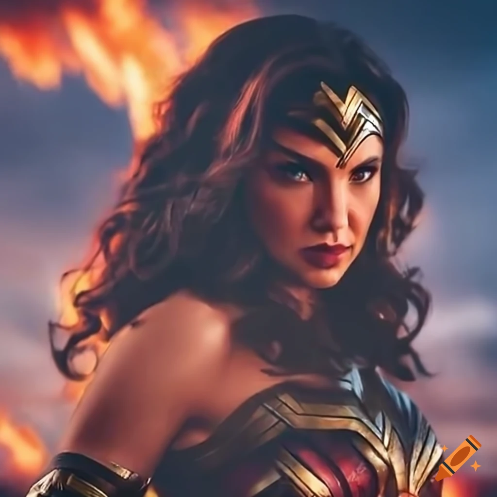 High-quality image of wonder woman in a warrior stance with a fiery sky ...