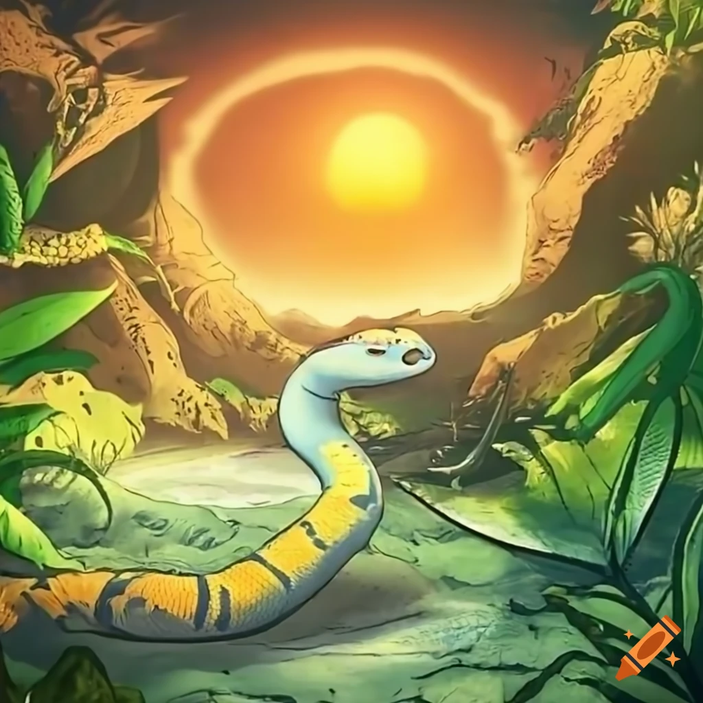 Snake basking on a rock in a jungle with the sun in the background on