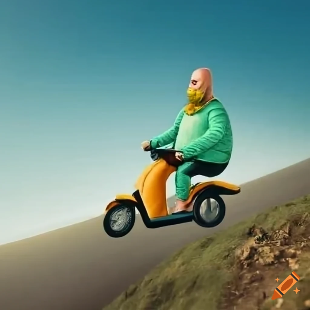 Man riding a scooter being chased by dogs on a sunny spring day