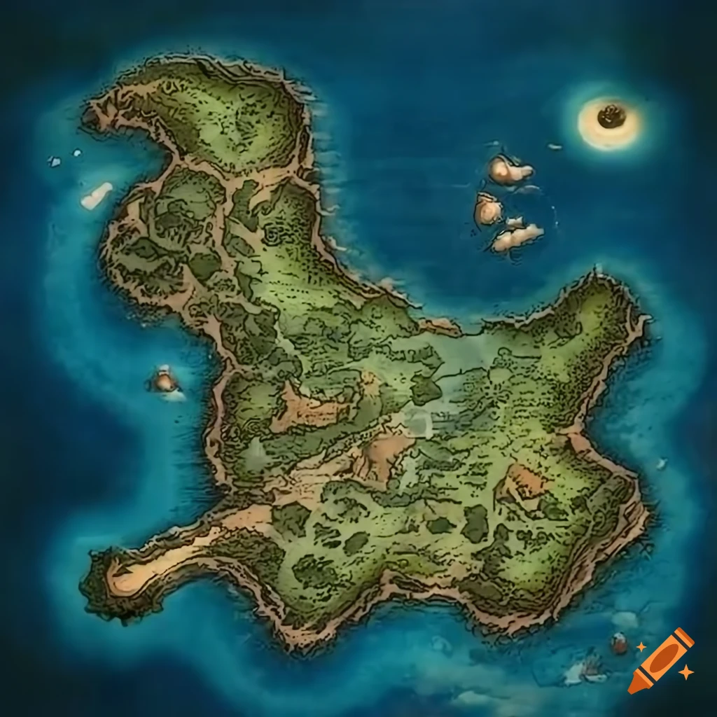 Detailed Tolkien-style map of a fantasy island surrounded by water