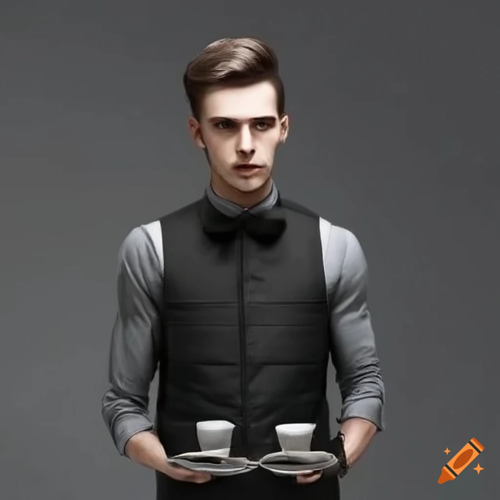 Waiter in black gilet and gray long shirt with black trousers and shoes