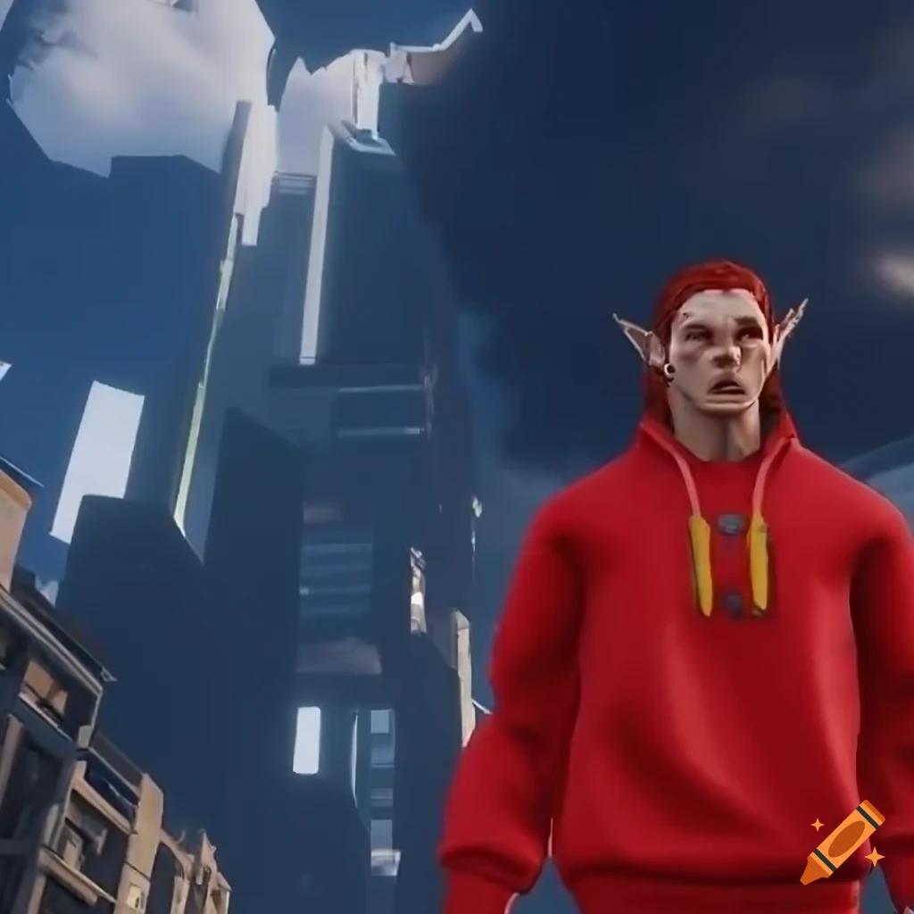 Portrait of jason momoa as a scifi elf man in red attire on Craiyon