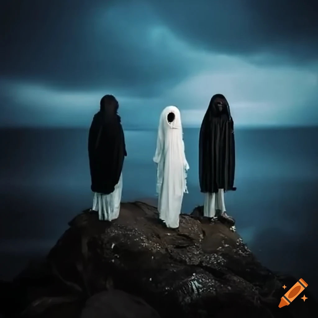 People in vintage ghost costumes on a rocky coast with galaxy sky