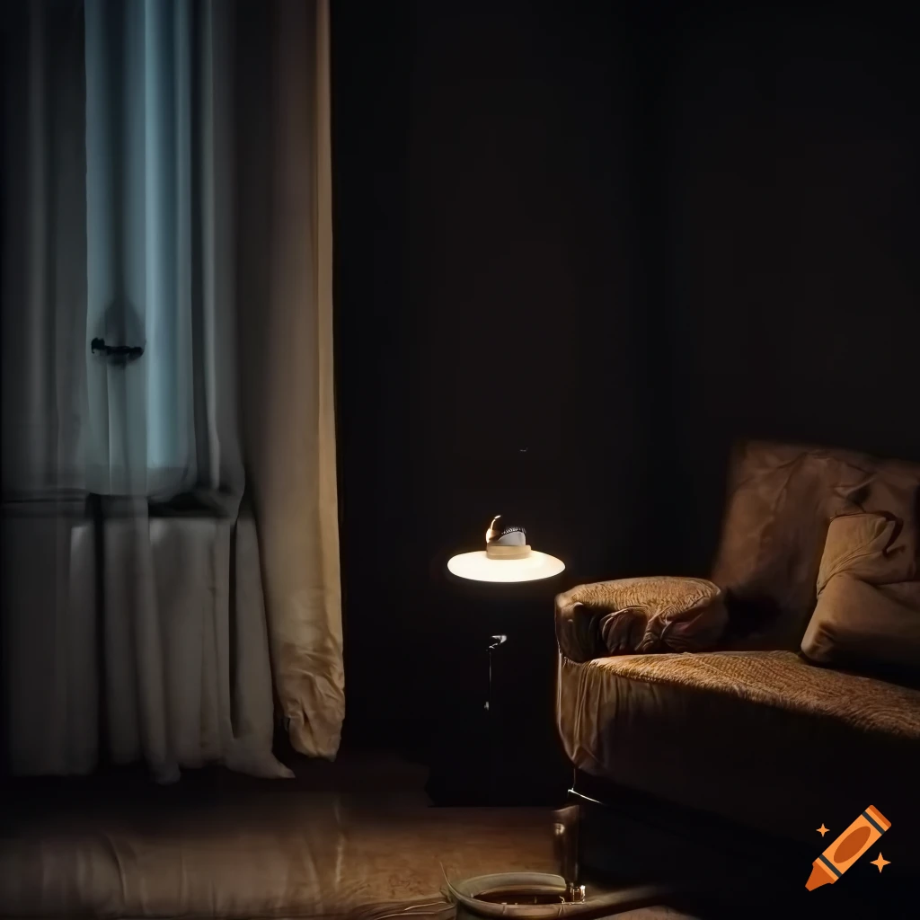Dark apartment with knocked over lamp and book on the floor on Craiyon