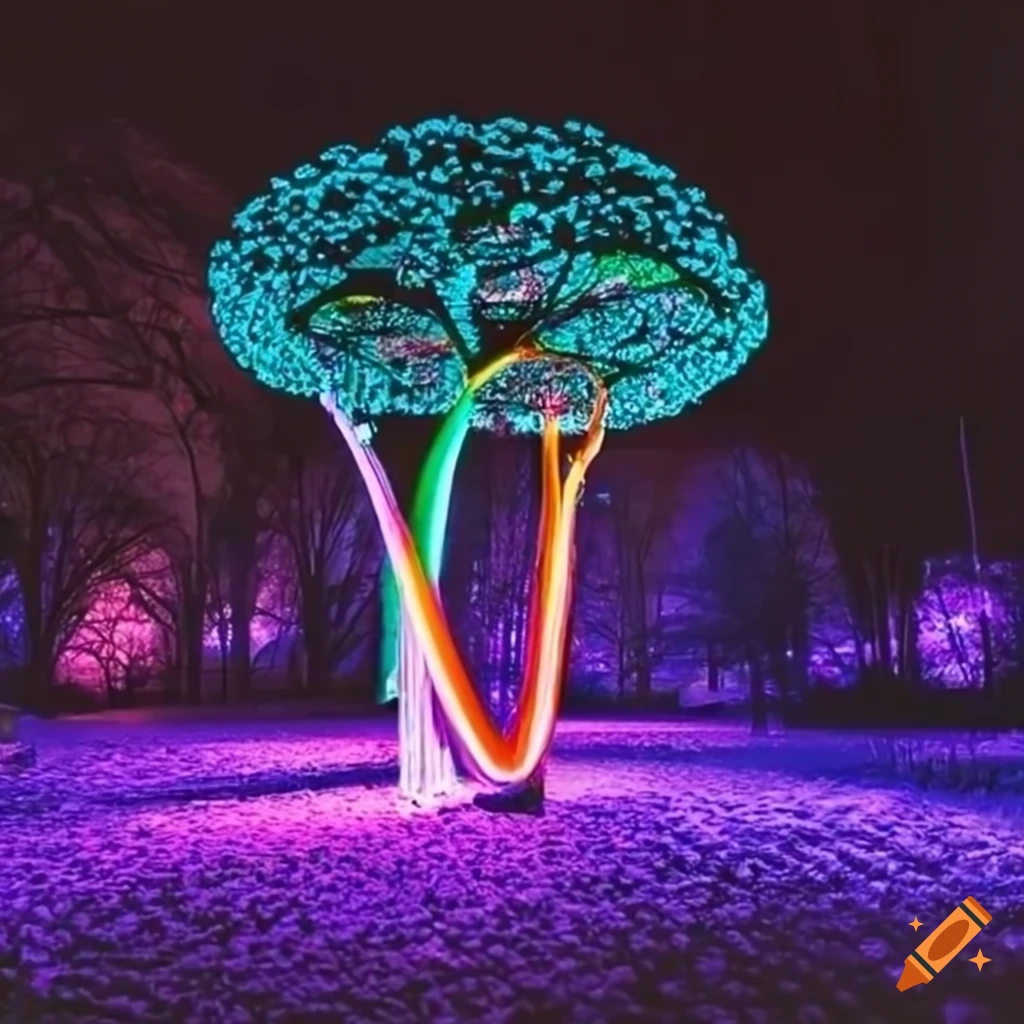 Giant colorful spiral light installation in a park at night on Craiyon