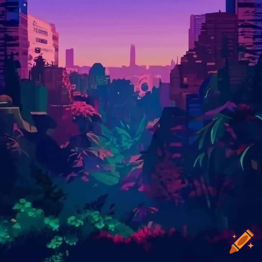 Vibrant bohemian cityscape at sunset with lush gardens and trendy vibe