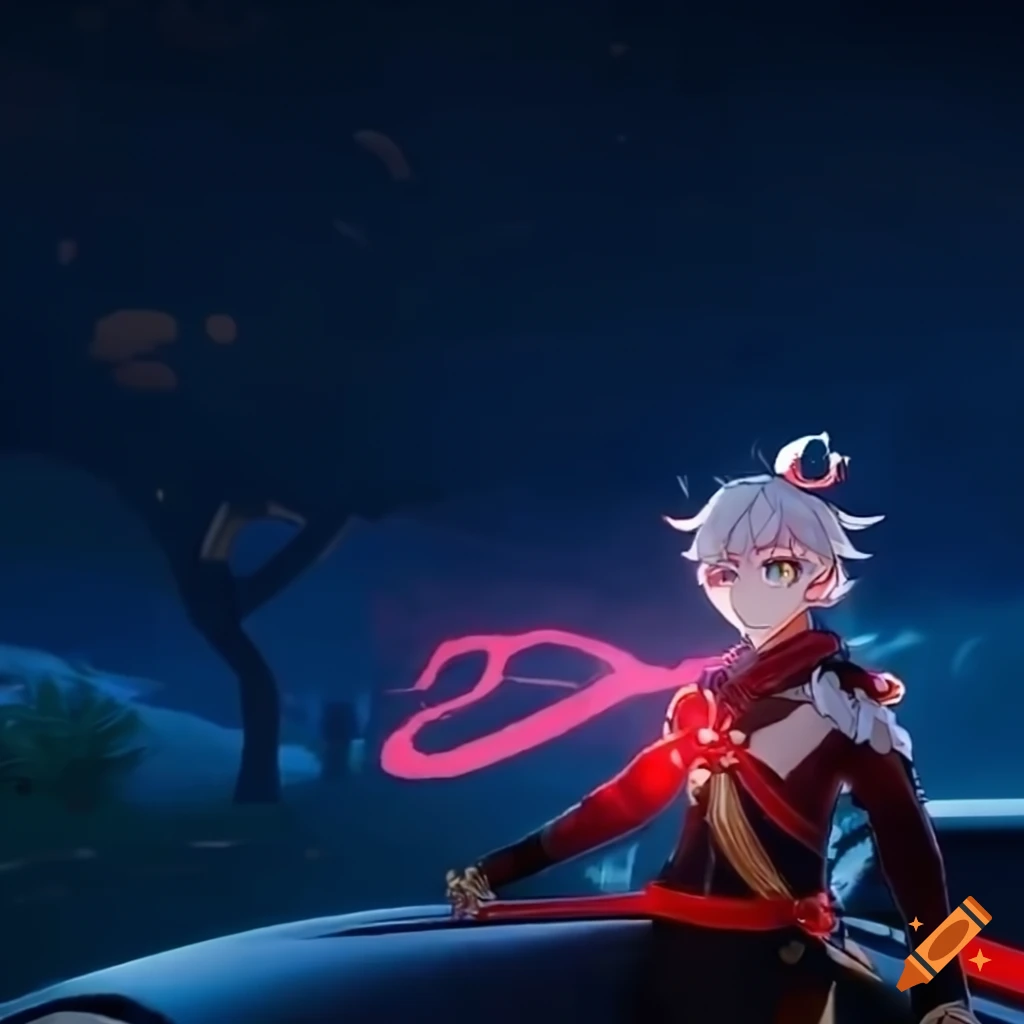 Kazuha from Genshin Impact driving a car
