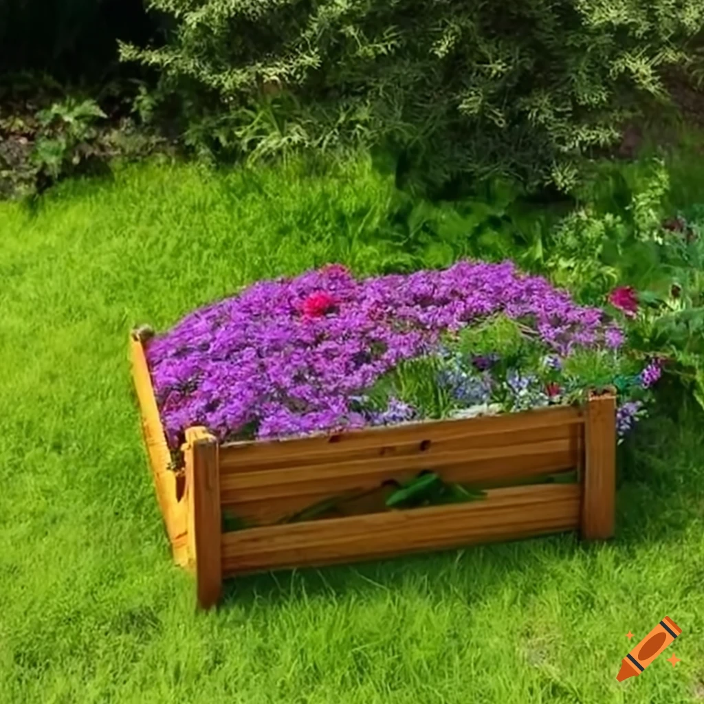Pollinator garden in wooden garden box on grass with purple flowers on