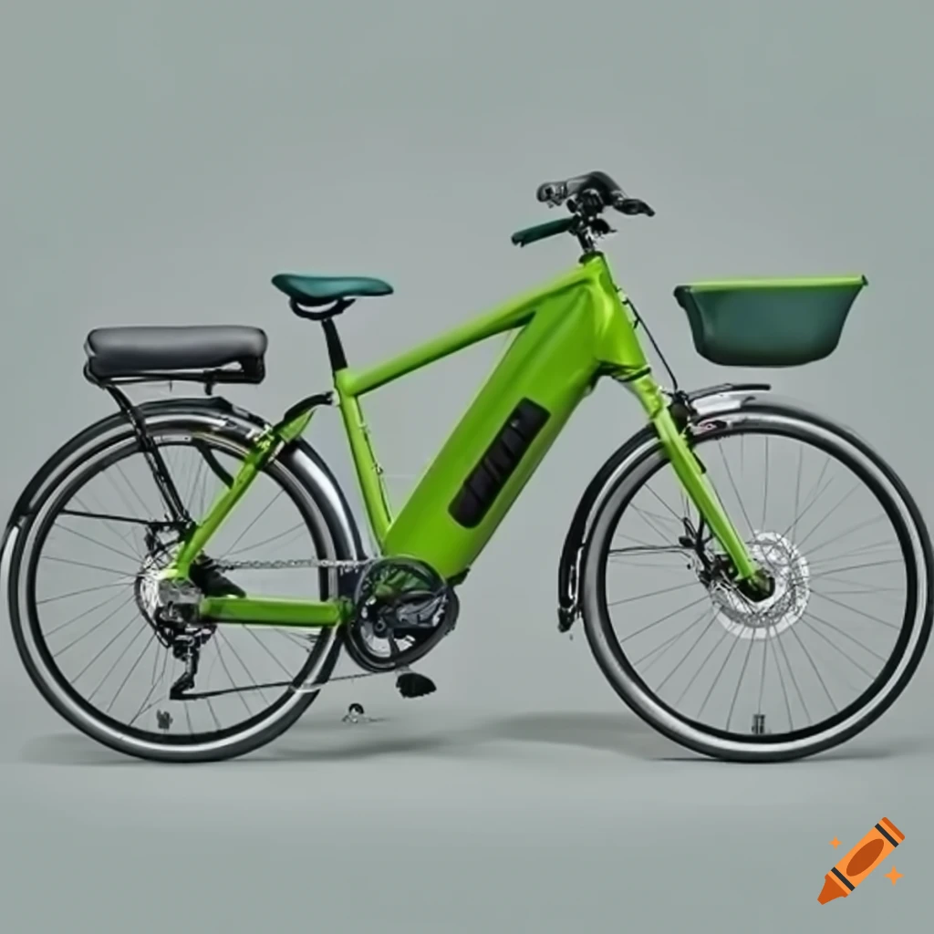 Vélo électrique vert avec panier à l'avant et matériel de sport