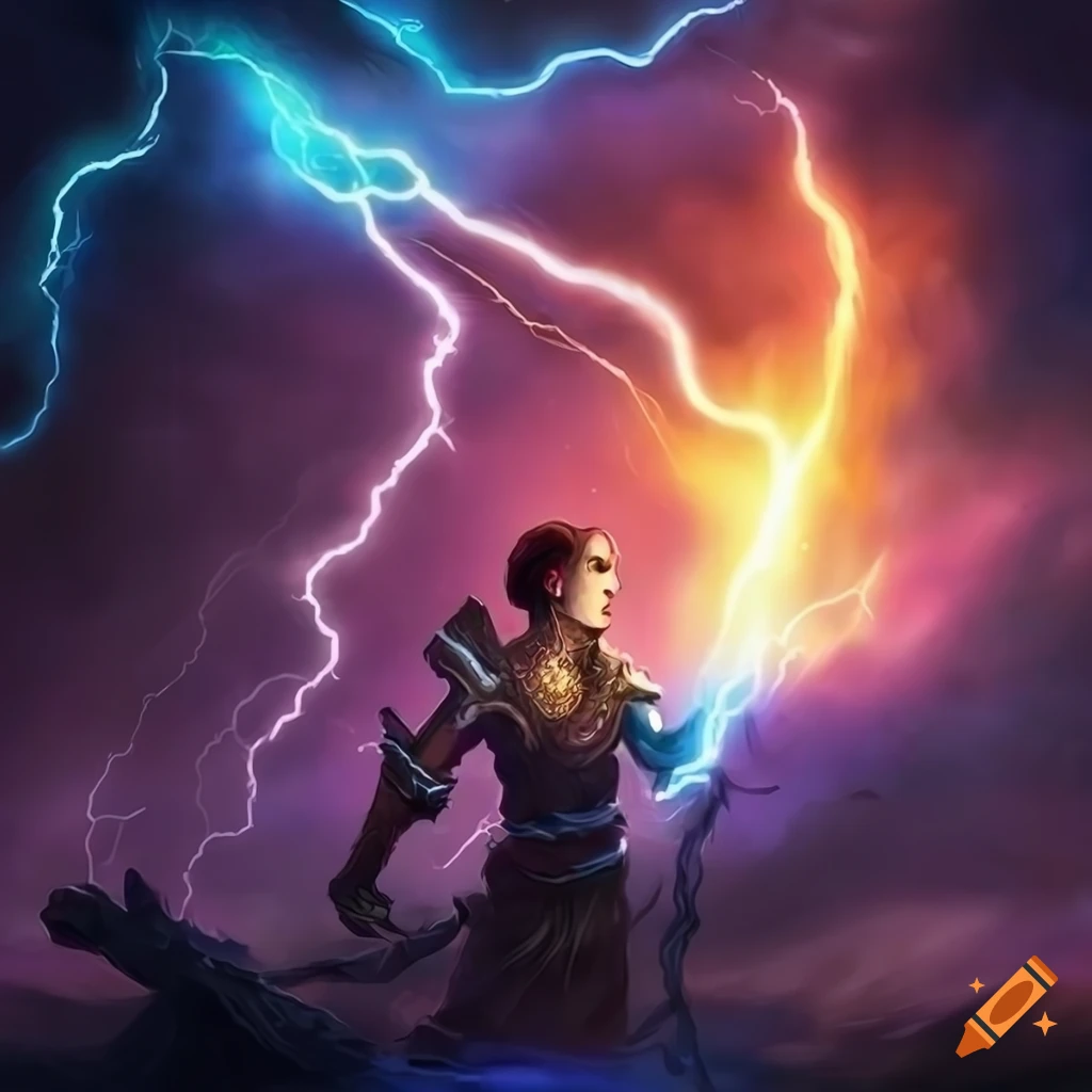 Electric charged lightning bolt striking the ground with magical effects on Craiyon