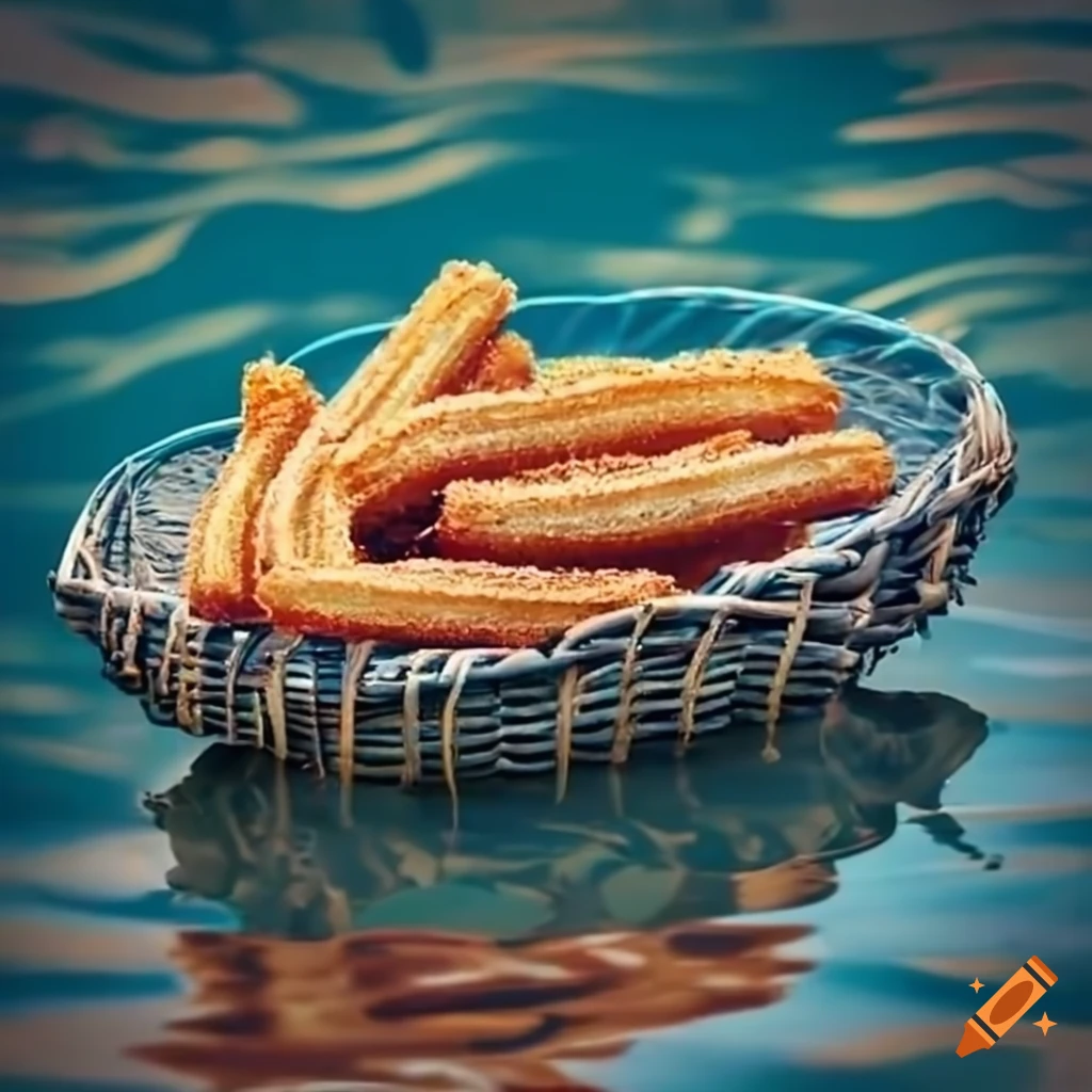 Churro in a basket floating down a river on Craiyon
