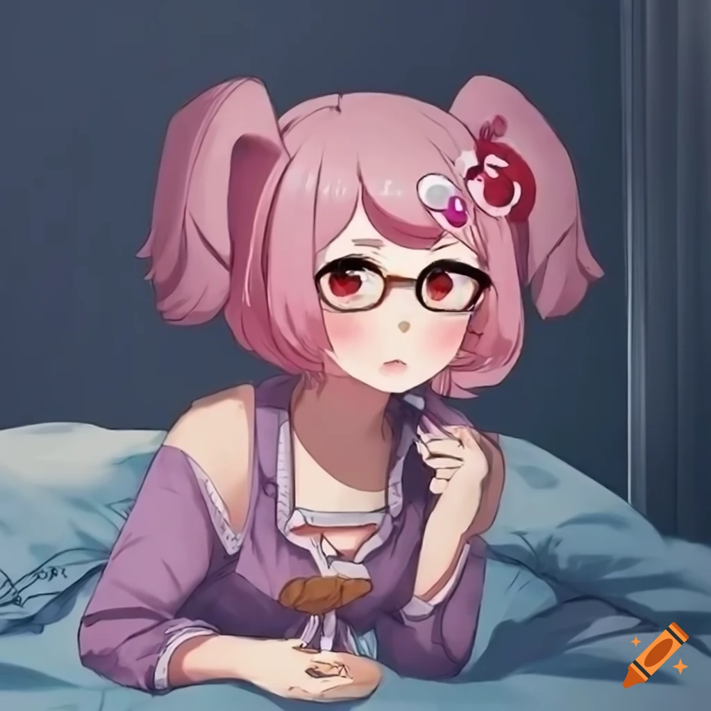 Natsuki with pink pigtails and glasses eating a large cookie in bed