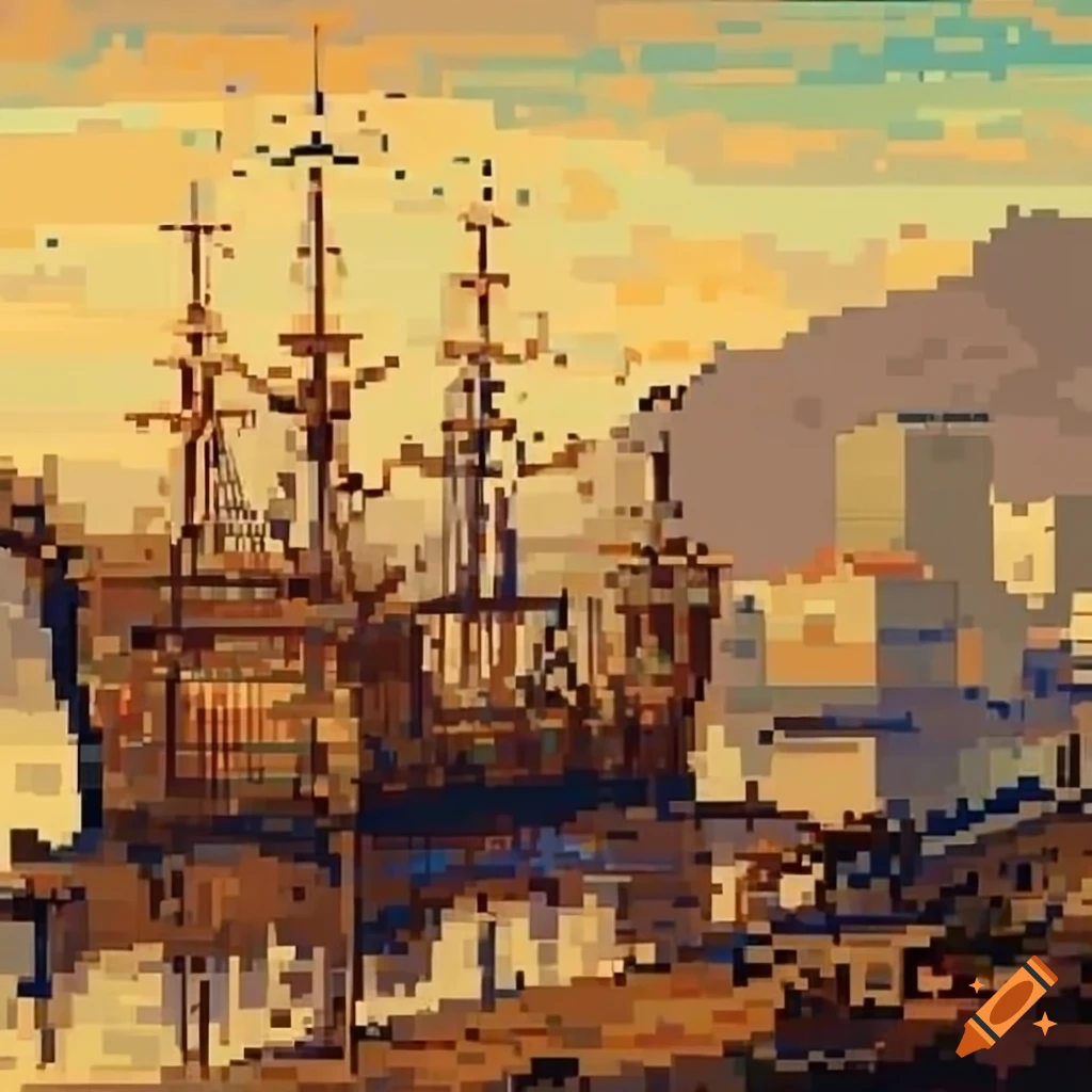 Merchant Pixelated Detailed pixel art of a nineteenth century merchant port in chile on ...