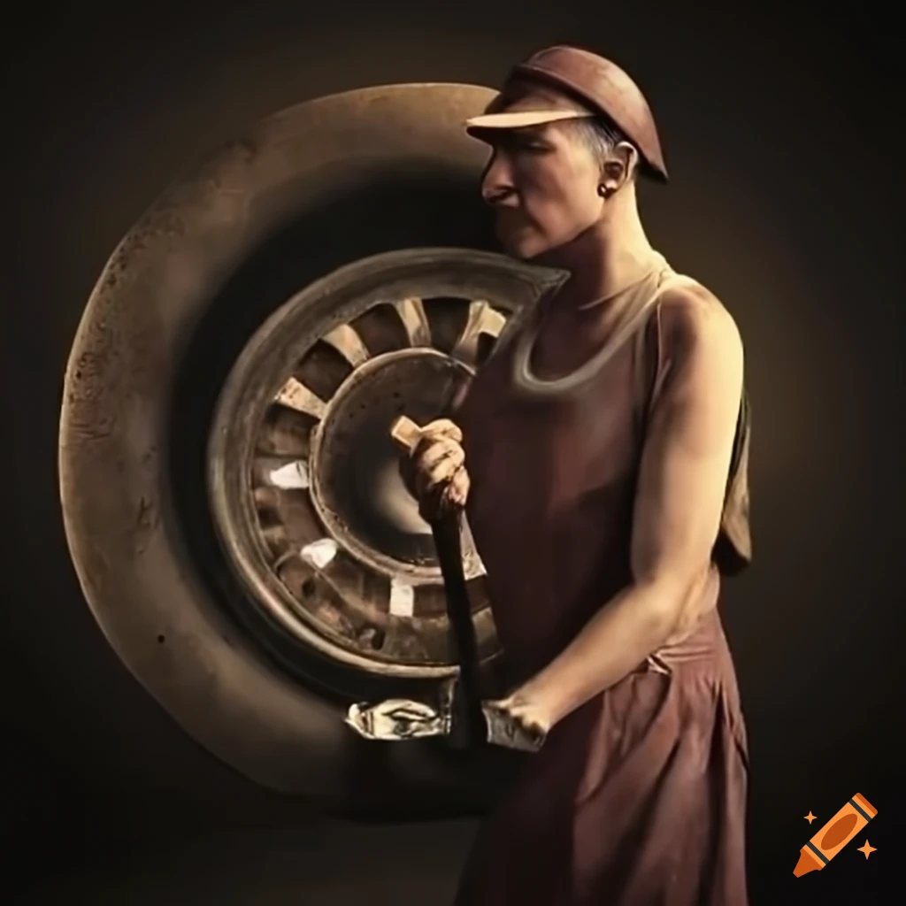 Mechanic working with wheels in a vintage setting