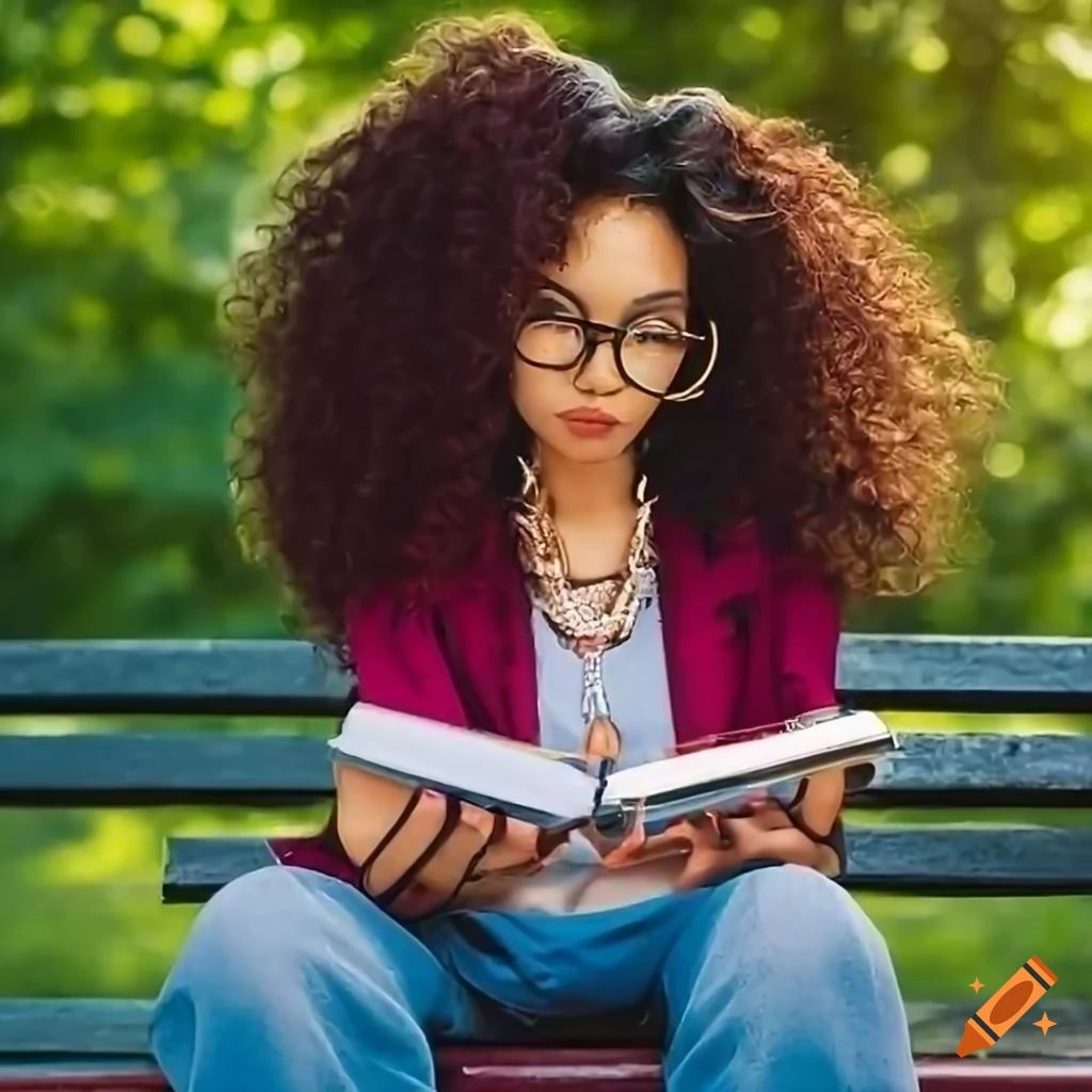 Woman with curly hair, glasses, and hoop earrings sitting on a park ...