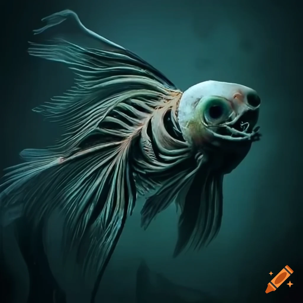 Detailed goldfish skeleton in a dark and eerie setting on Craiyon