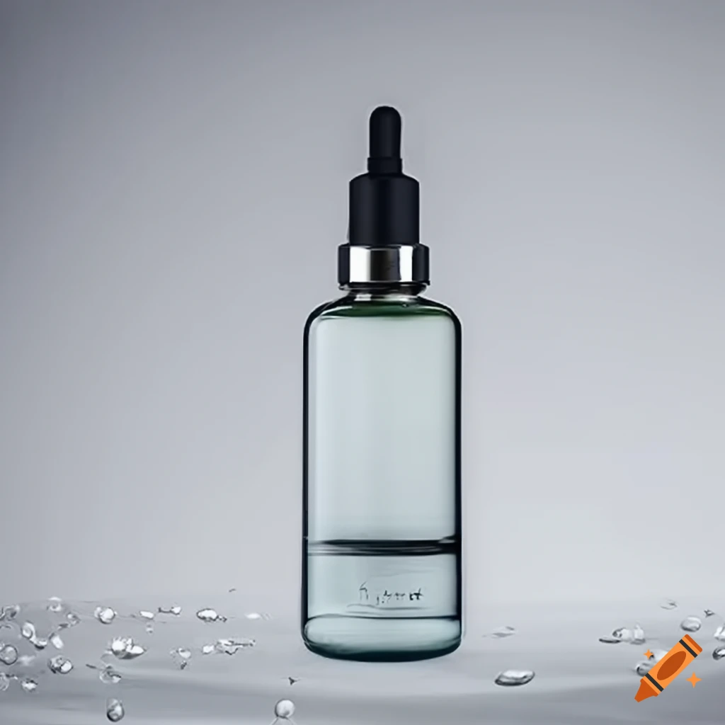 Face serum with water droplets on white backdrop