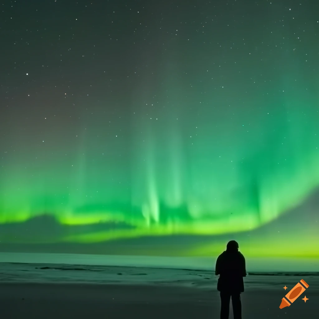 Man looking at green aurora borealis from behind