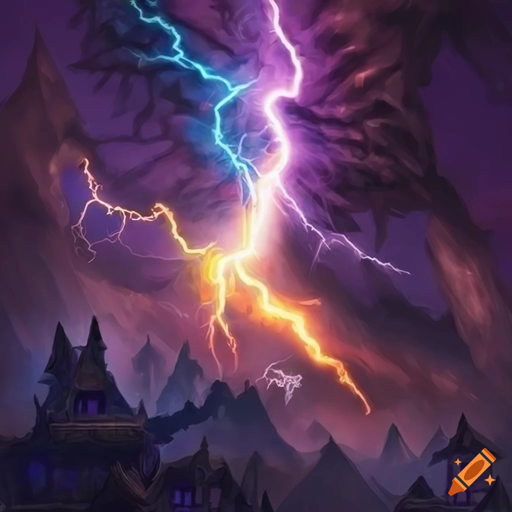 Electric charged lightning bolt striking the ground with magical effects on Craiyon