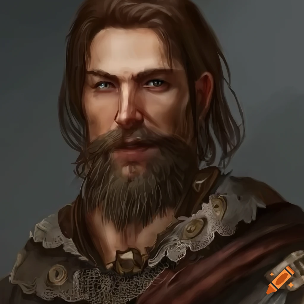 Portrait of human male warrior with brown hair, mustache, and beard in ...
