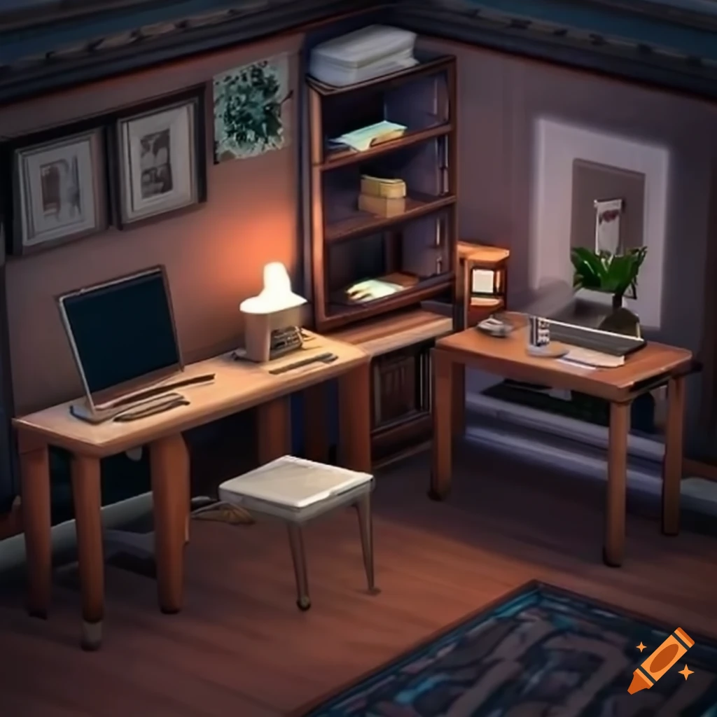 Home office with laptop on desk sims 4 style on Craiyon