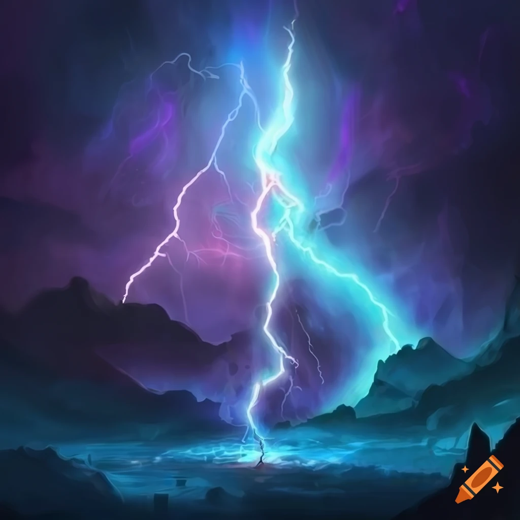 Electric charged lightning bolt striking the ground with magical effects on Craiyon