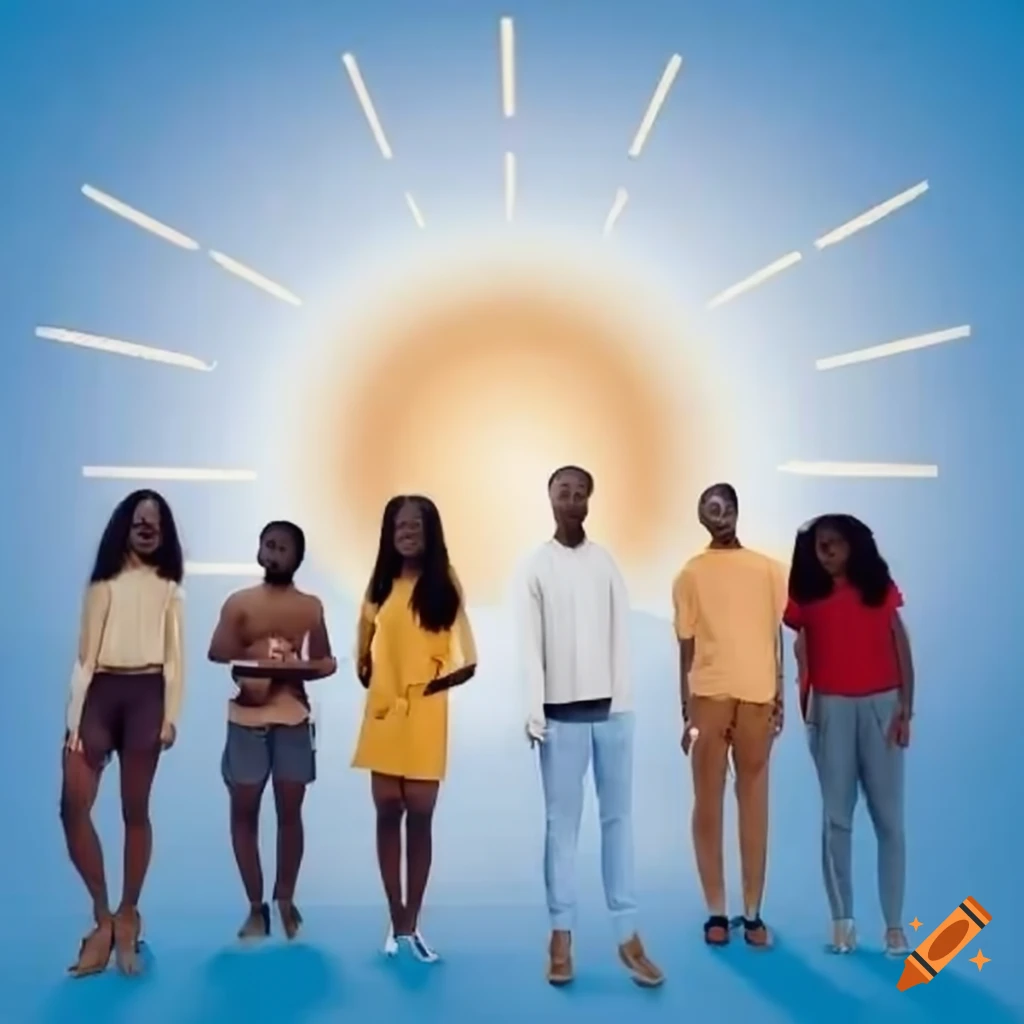 Multicultural group standing in front of heaven in 2D artwork