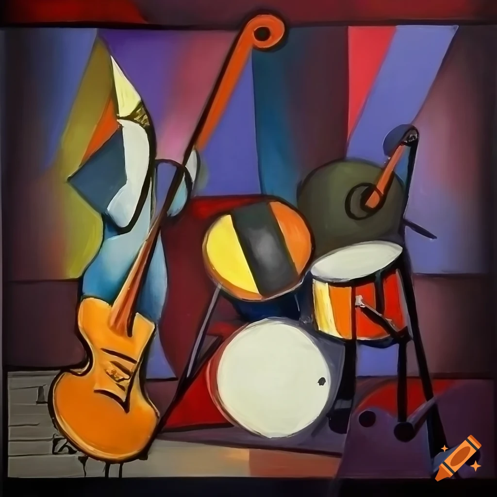 Jazz trio of piano, bass, and drums in picasso cubist style with dark