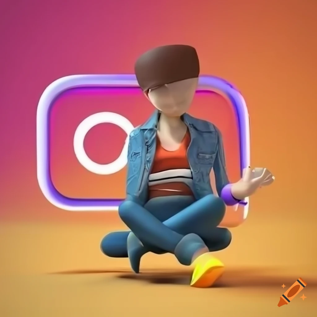3D illustration of an animated character sitting on the Instagram logo with social media profile background