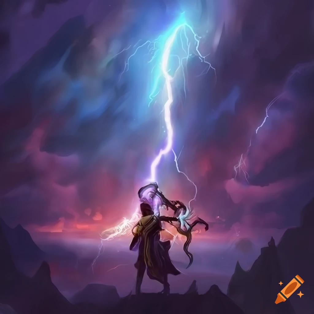 Electric charged lightning bolt striking the ground with magical effects on Craiyon