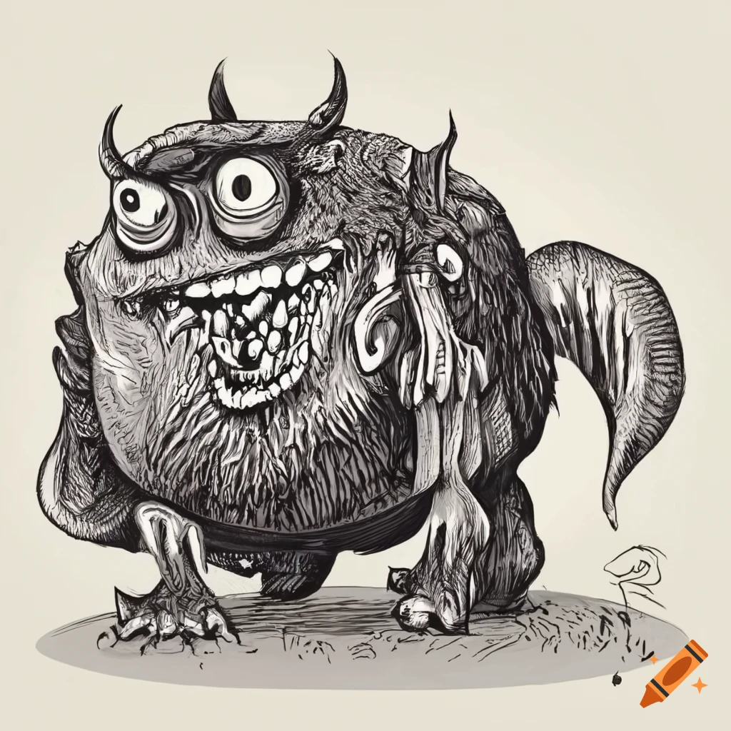 Monster with sharp teeth grin in black and white sketch on Craiyon