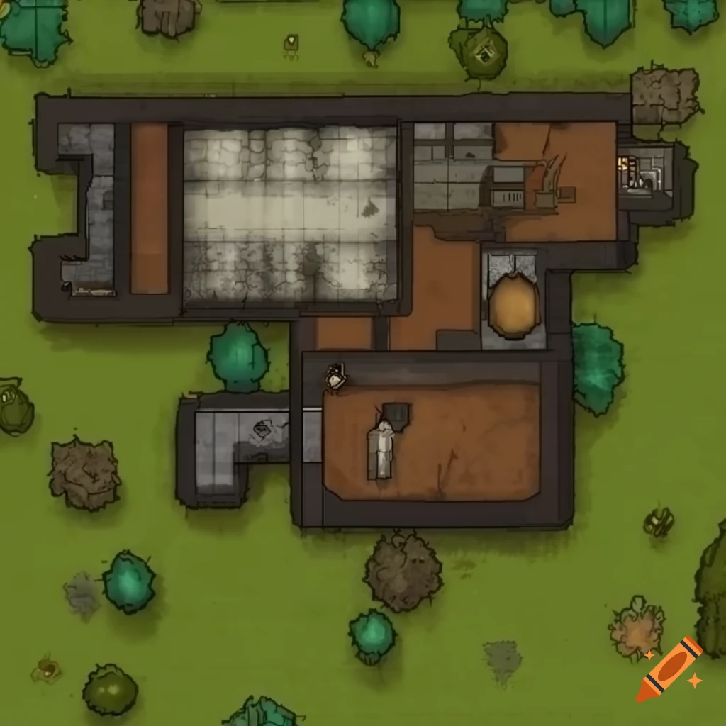 Overhead rpg map of laboratory in rimworld setting with cover objects