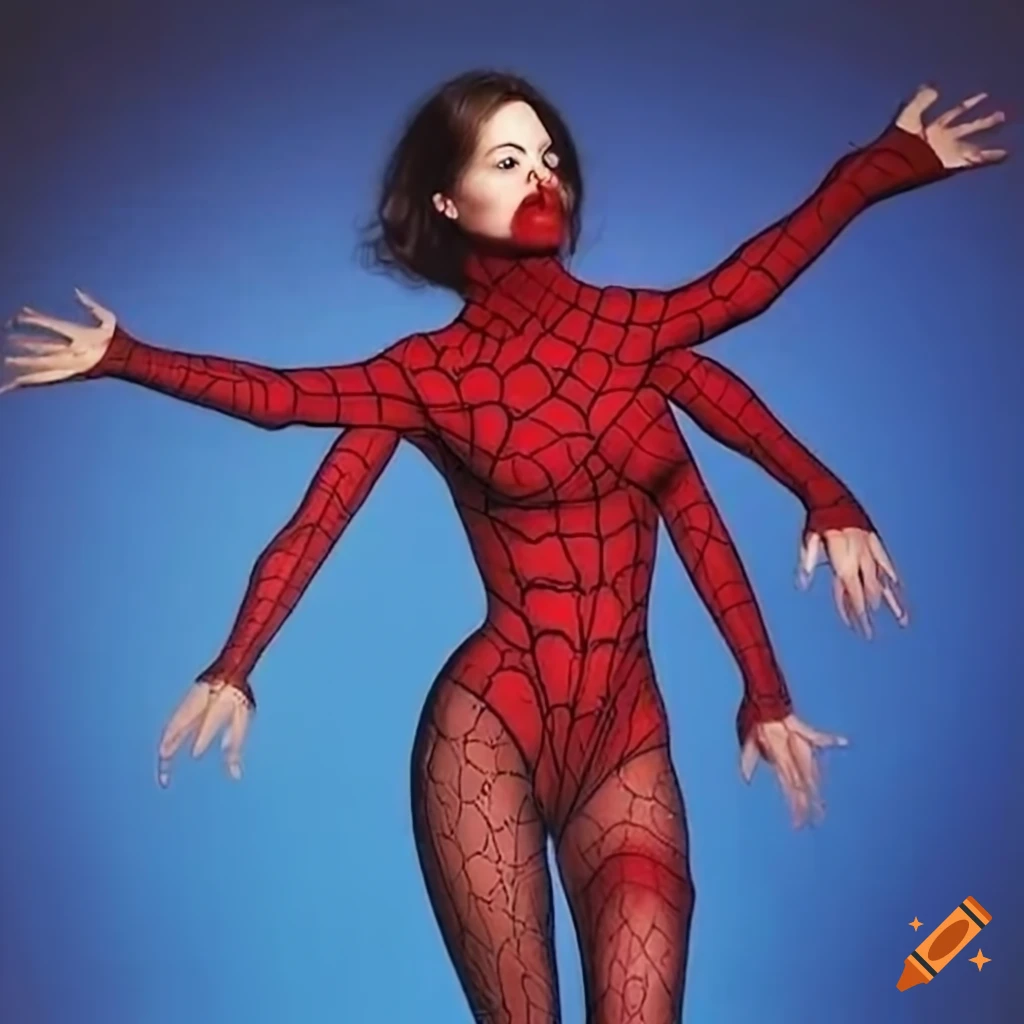 Unique two-headed woman illusion with connected red turtleneck sweater over blue tights