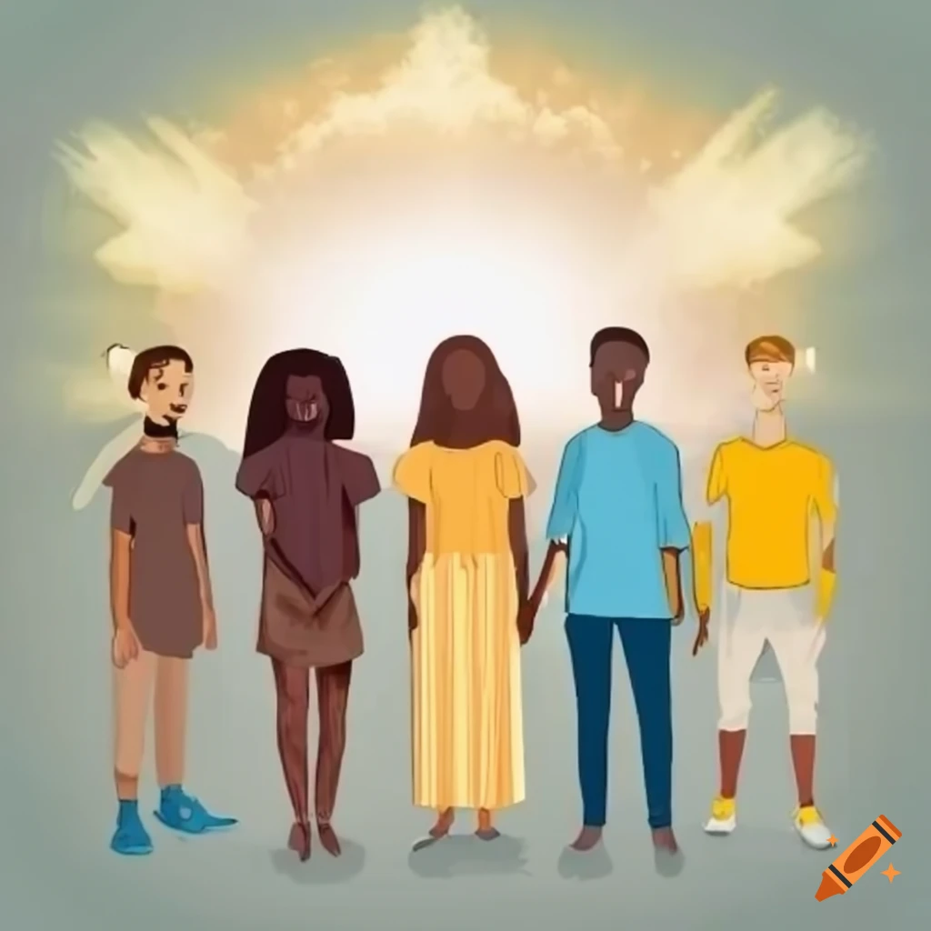 Multicultural group standing in front of heaven in 2D artwork