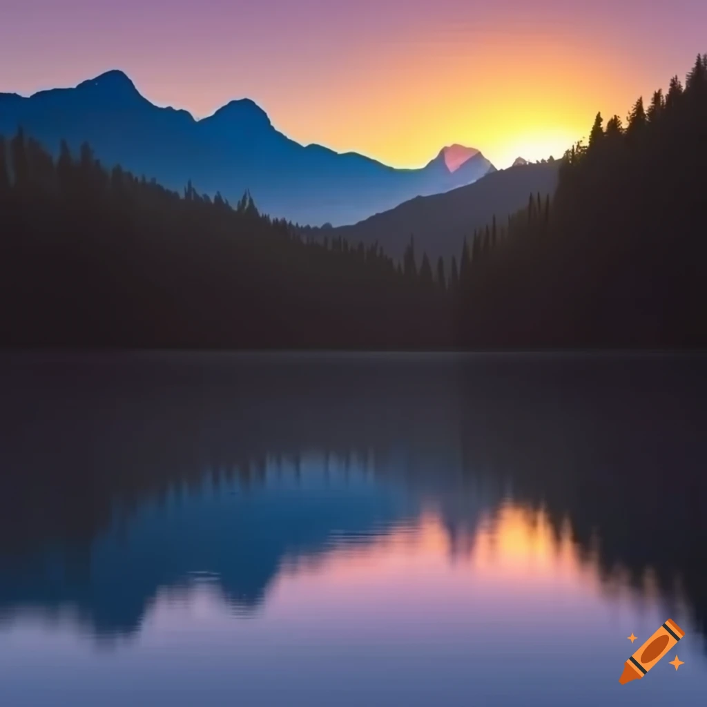 Breathtaking mountain lake at sunset with sun rays reflecting on the ...