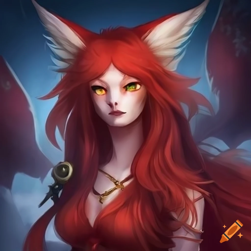 Red kitsune with blonde hair in a fantasy setting
