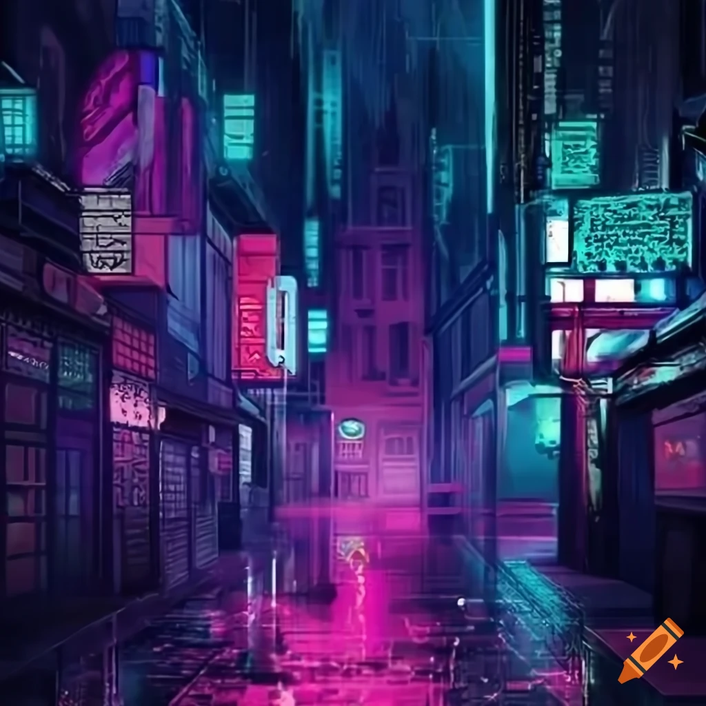 Cityscape with biopunk and cyberpunk elements, featuring neon-lit ...