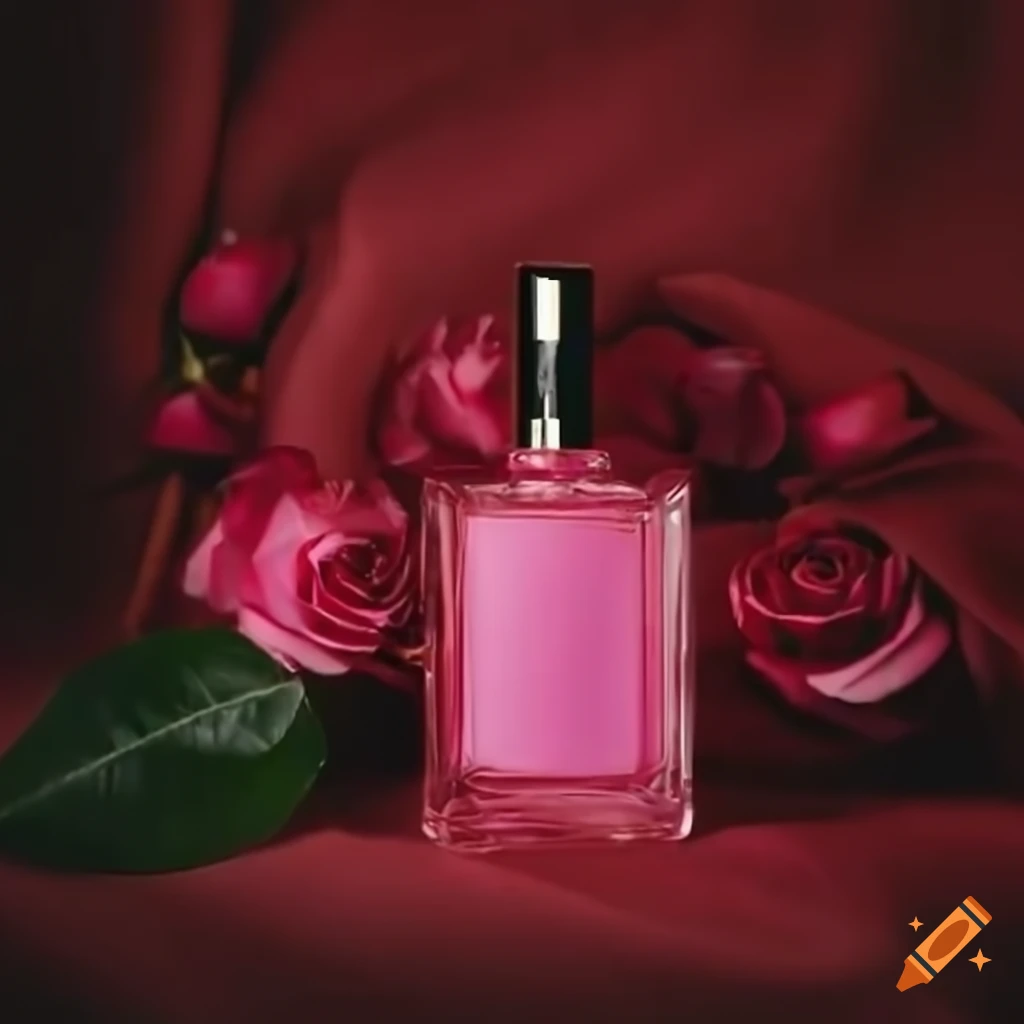 Bottle of perfume surrounded by roses