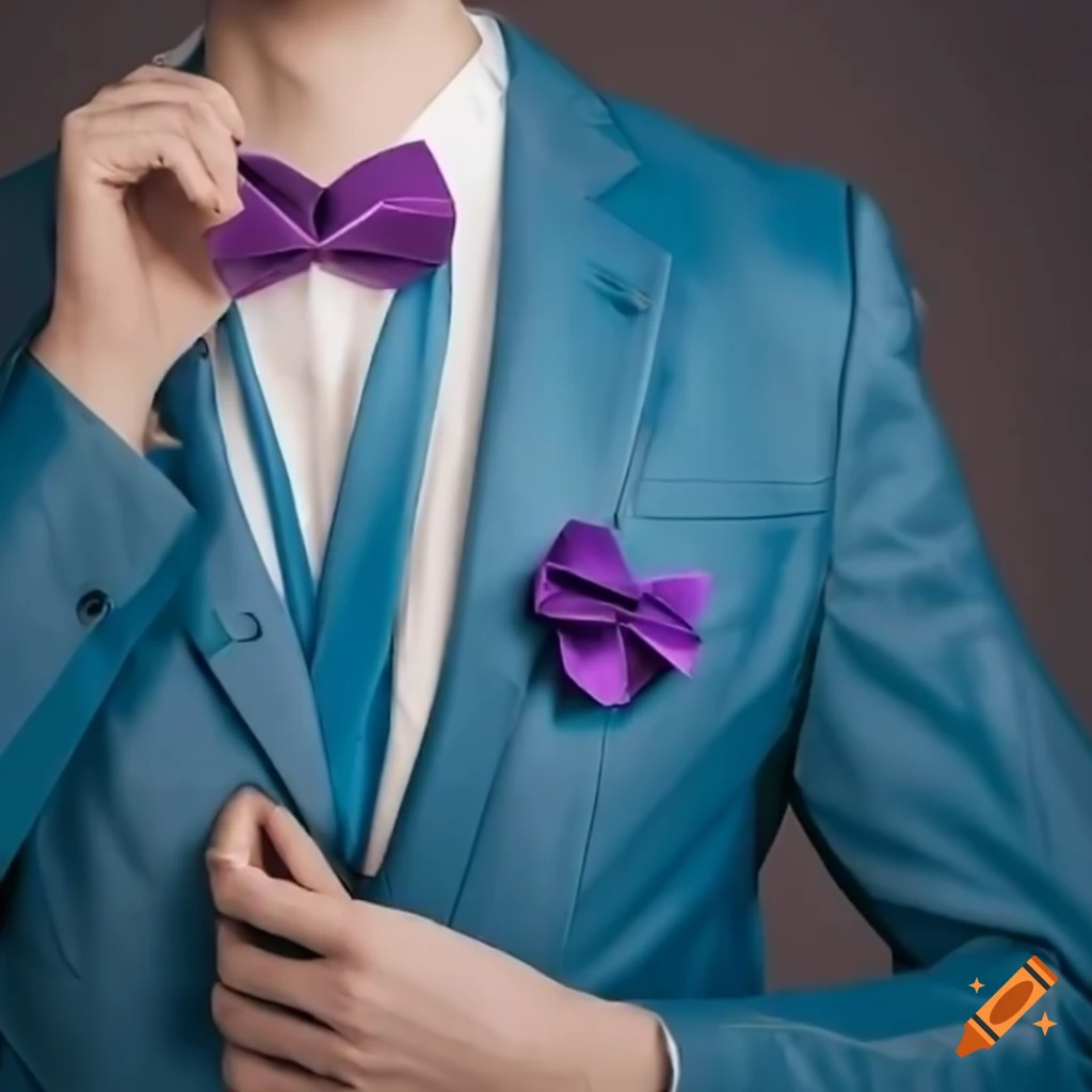 Stylish man in blue tuxedo with pastel purple origami flower