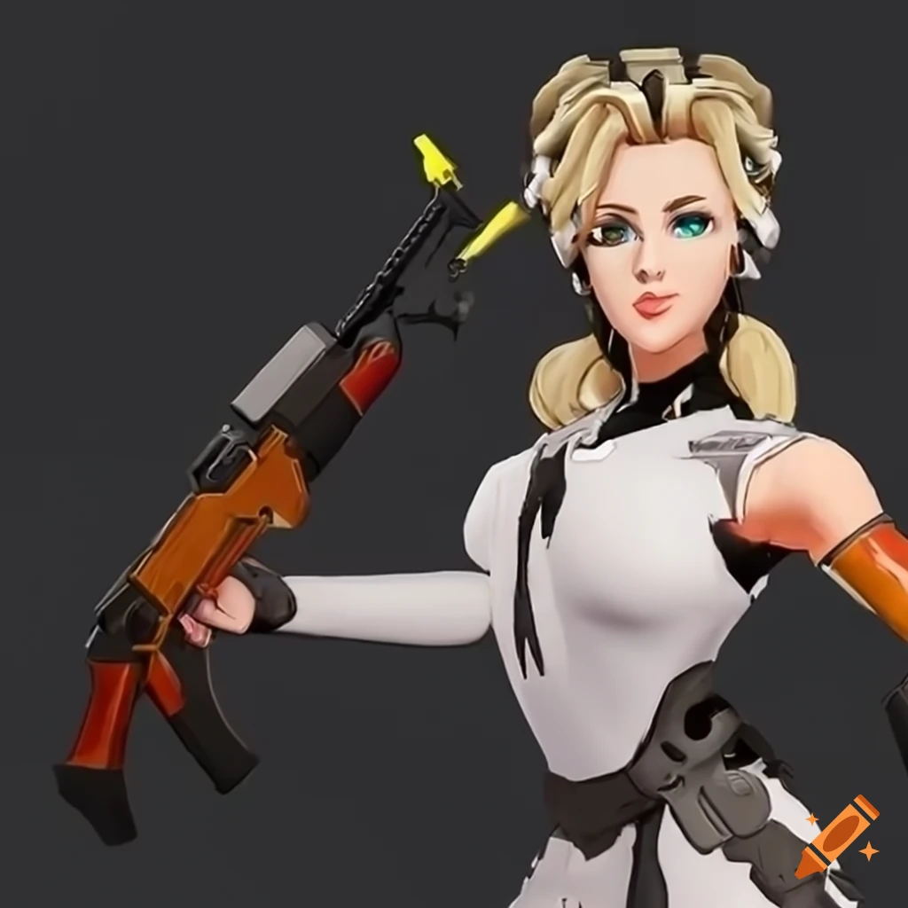 Mercy from overwatch holding two machine guns with a cute pose on Craiyon