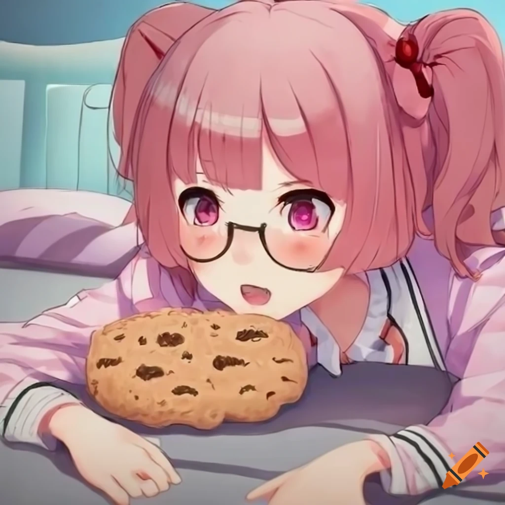 Cute pink-eyed girl with pigtails and glasses eating a cookie in bed