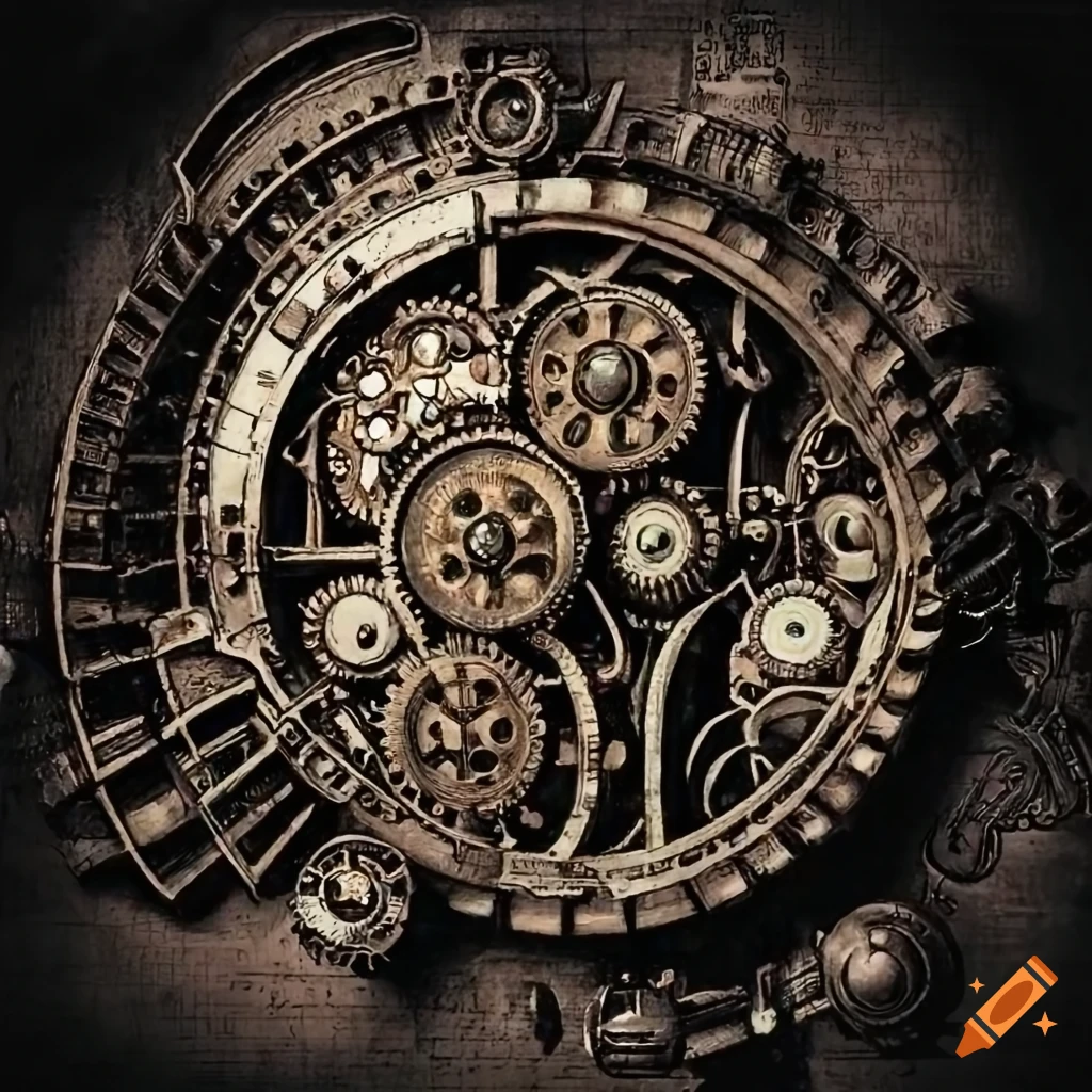 Detailed black and white steampunk machine diagram on Craiyon
