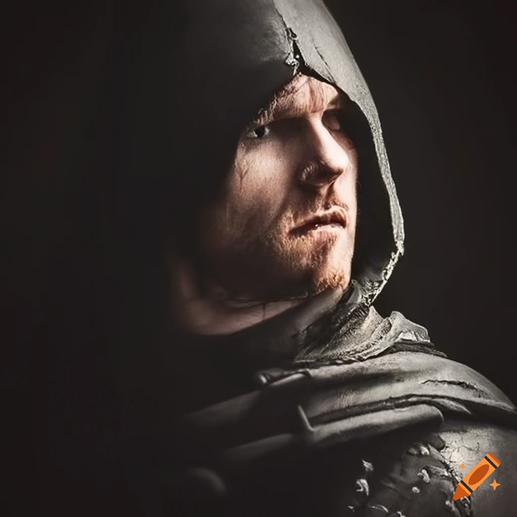 Male medieval rogue with hood and brown eyes