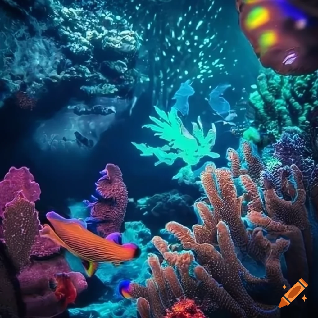 Underwater tapestry of vibrant fish, coral, and mythical creatures with ...