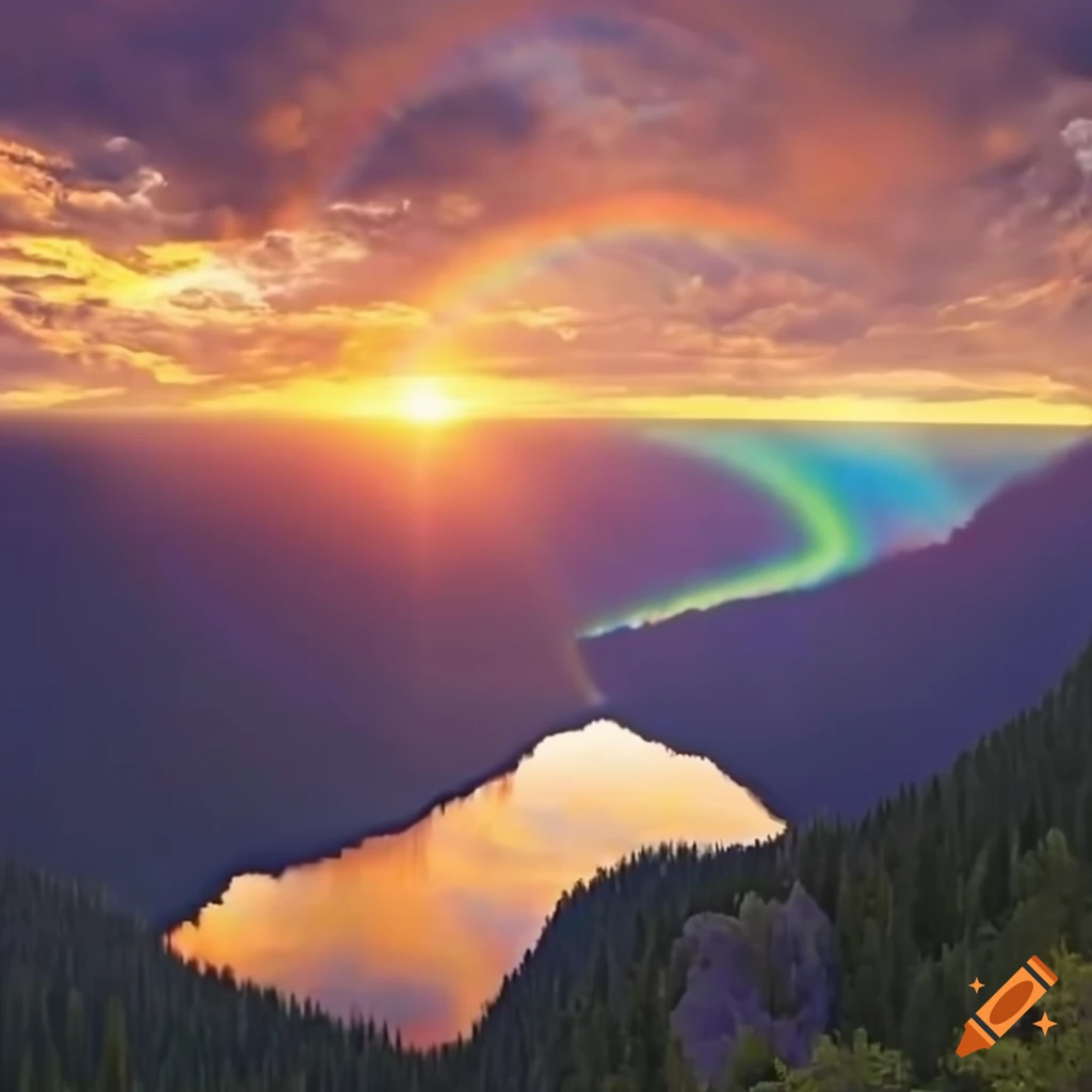 Breathtaking mountain lake at sunset with sun rays reflecting on the ...