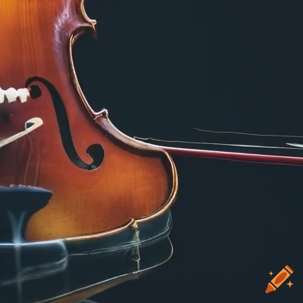 Violin and violin bow in water with title "strings of deception" and