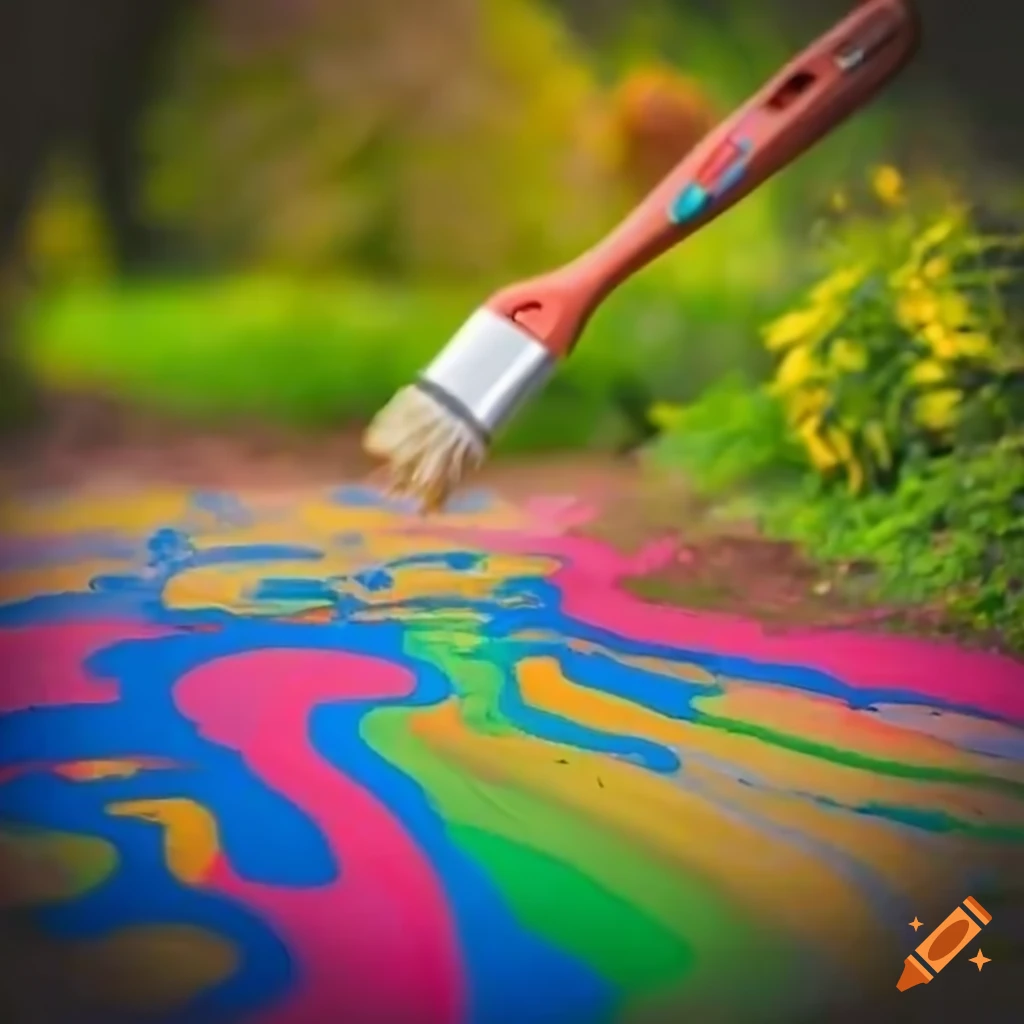 Giant paint brush creating a colorful path in a garden on Craiyon