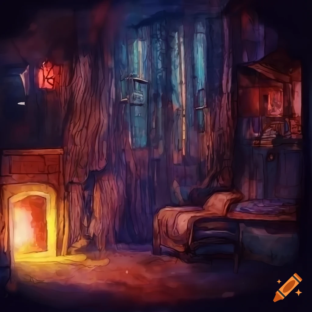 Cozy watercolor treehouse interior with warm colors
