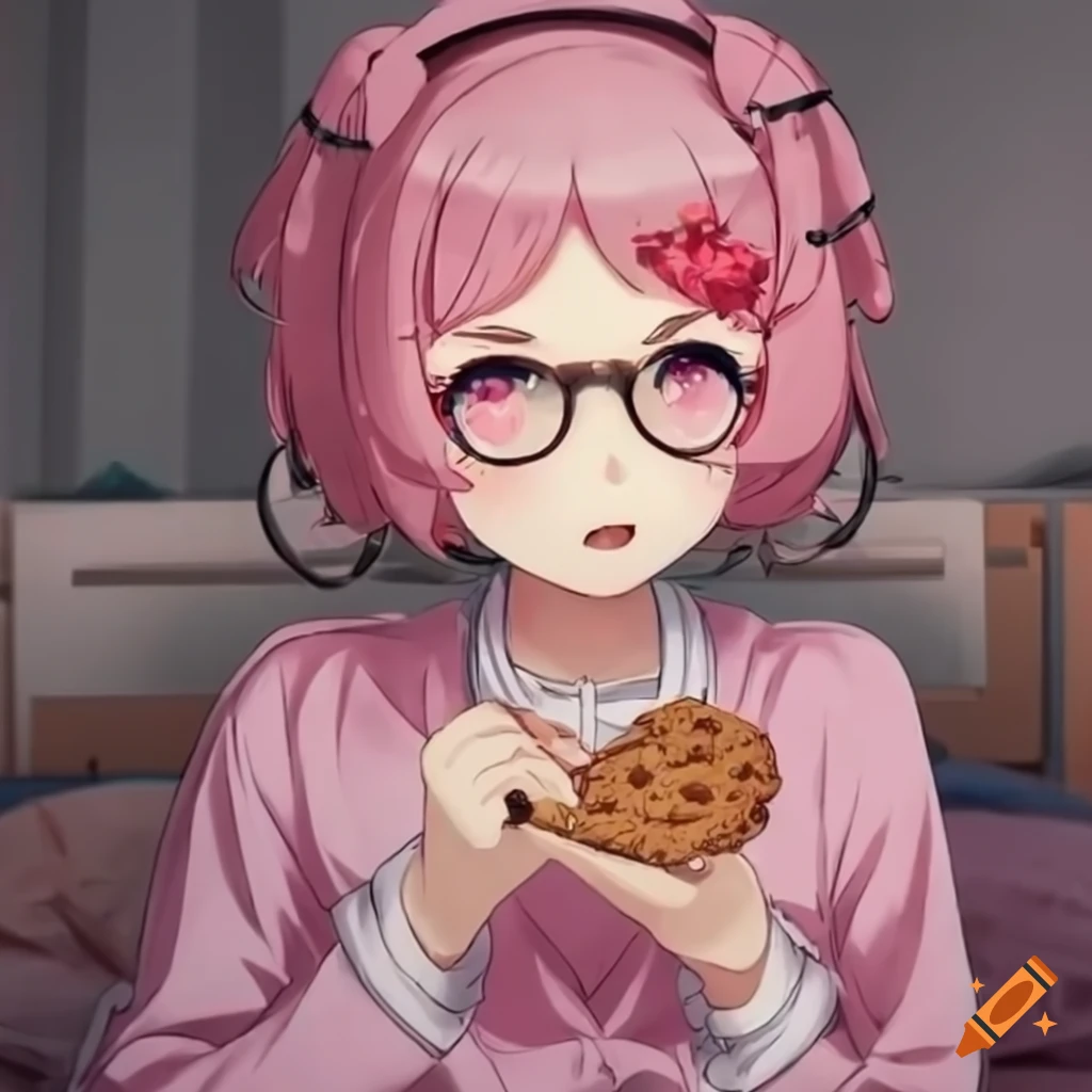 Natsuki with pink pigtails and glasses eating a cookie in bed with a tea kettle nearby