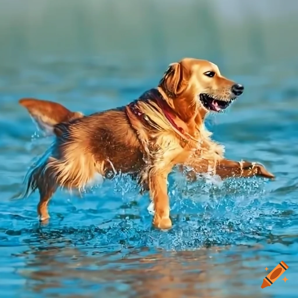 Adorable golden retriever chasing a frisbee in the water on Craiyon